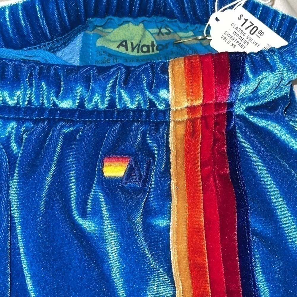 NWT Aviator Nation Women’s Classic Velvet Sweatpants // Blue w/ Rainbow … - Picture 6 of 6